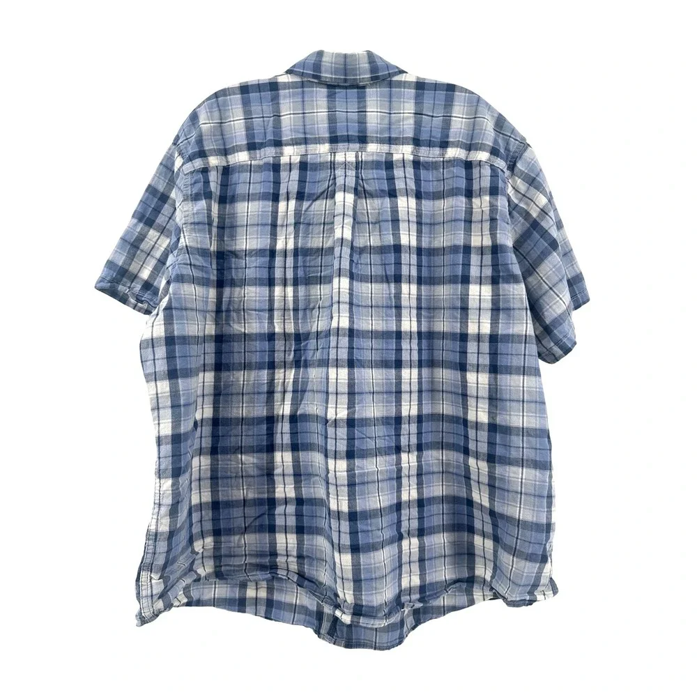 Eddie‎ Bauer Mens 2XL Blue White Plaid Short Sleeve Cotton Button Down Shirt